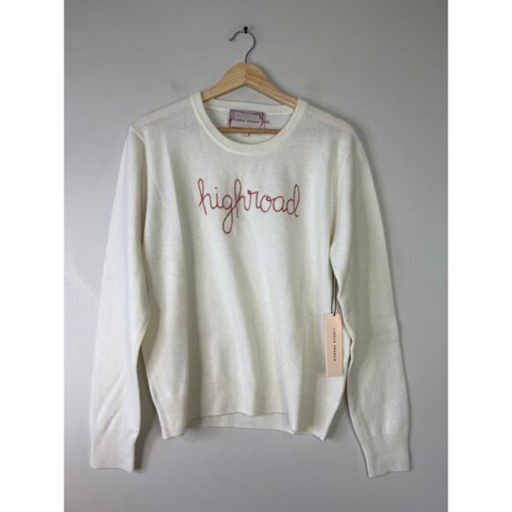 NWT Lingua Franca Cashmere Embroidered Long Sleeve Knit Sweater Cream Size: L